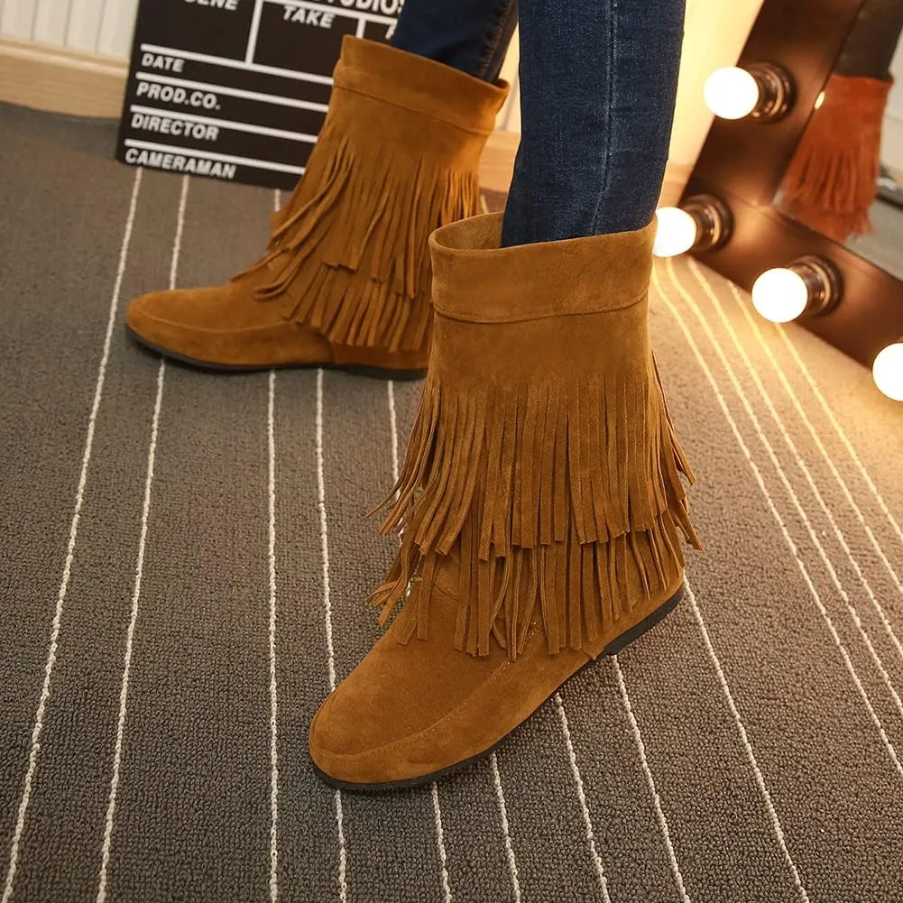 MRKEWUNEY Casual Womens Tassel Booties Low Heel Moccasin Boots