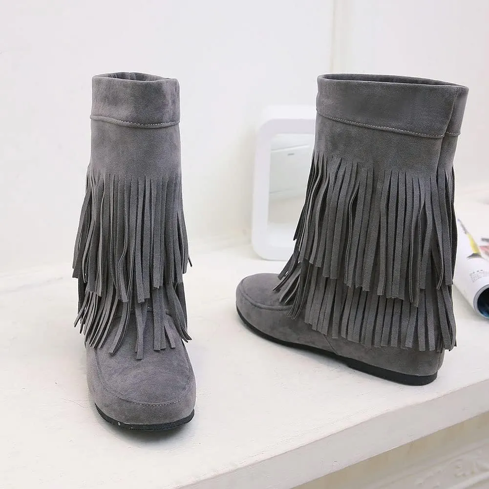 MRKEWUNEY Casual Womens Tassel Booties Low Heel Moccasin Boots