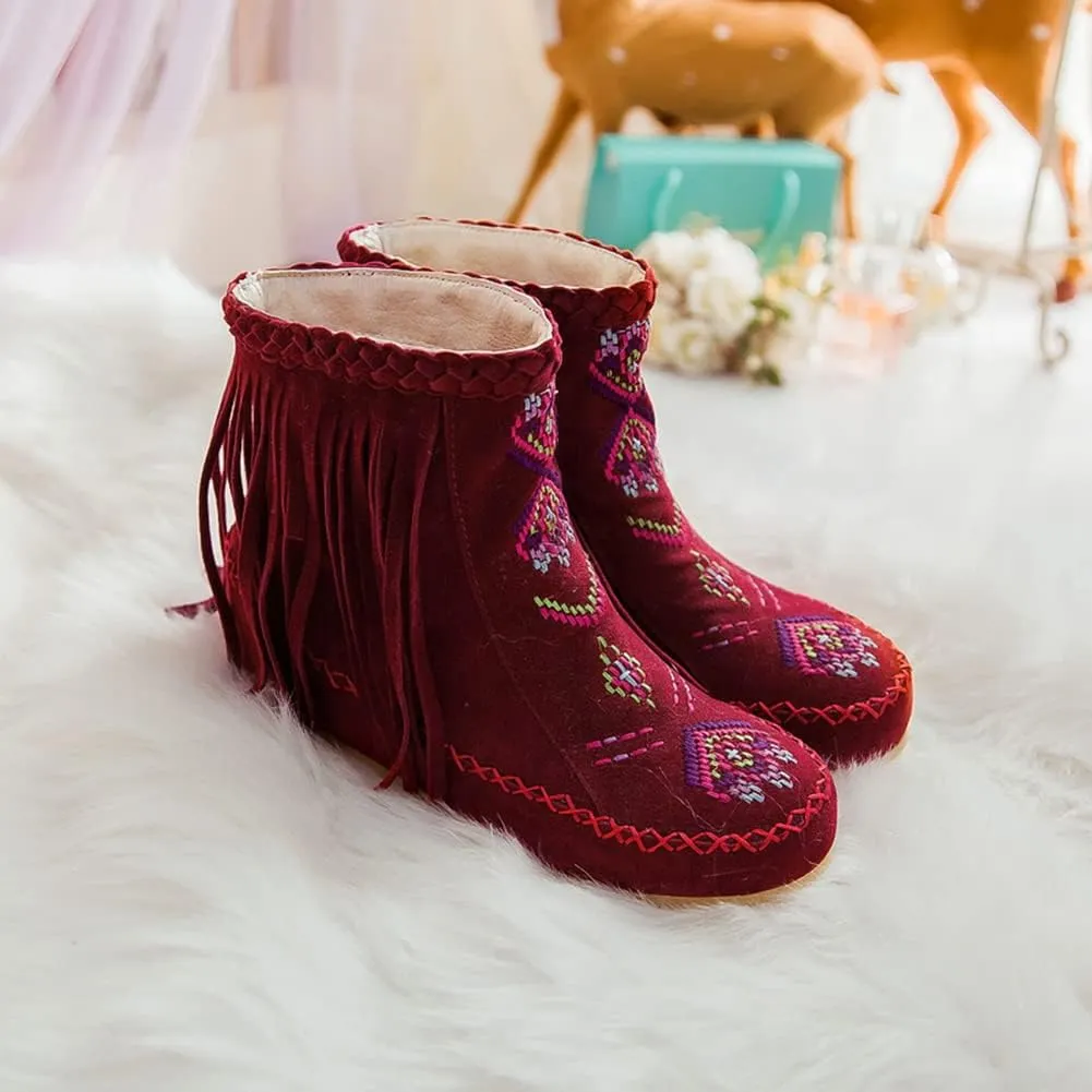 MRKEWUNEY Casual Womens Tassel Booties Low Heel Moccasin Boots