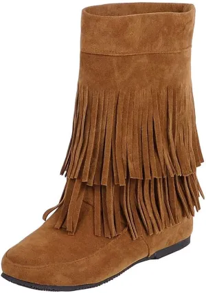 MRKEWUNEY Casual Womens Tassel Booties Low Heel Moccasin Boots