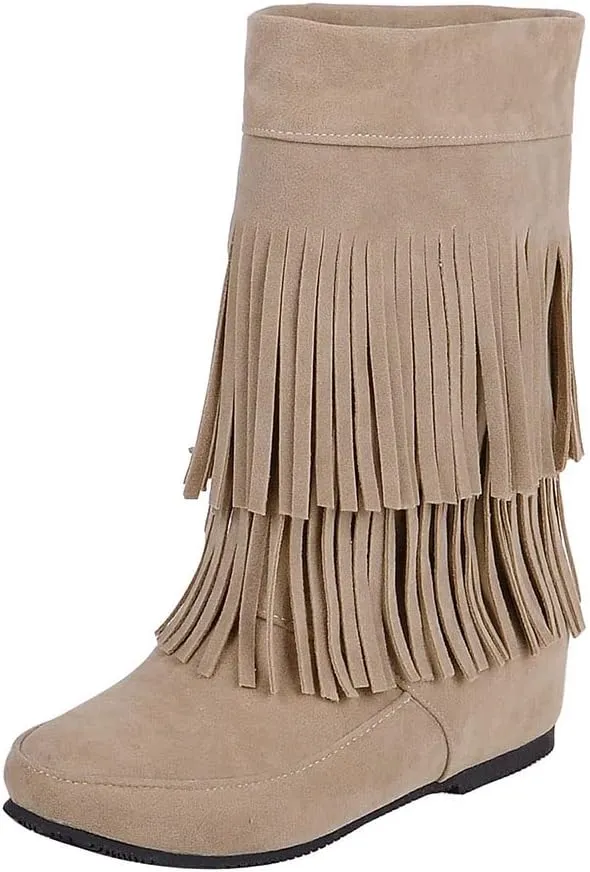 MRKEWUNEY Casual Womens Tassel Booties Low Heel Moccasin Boots