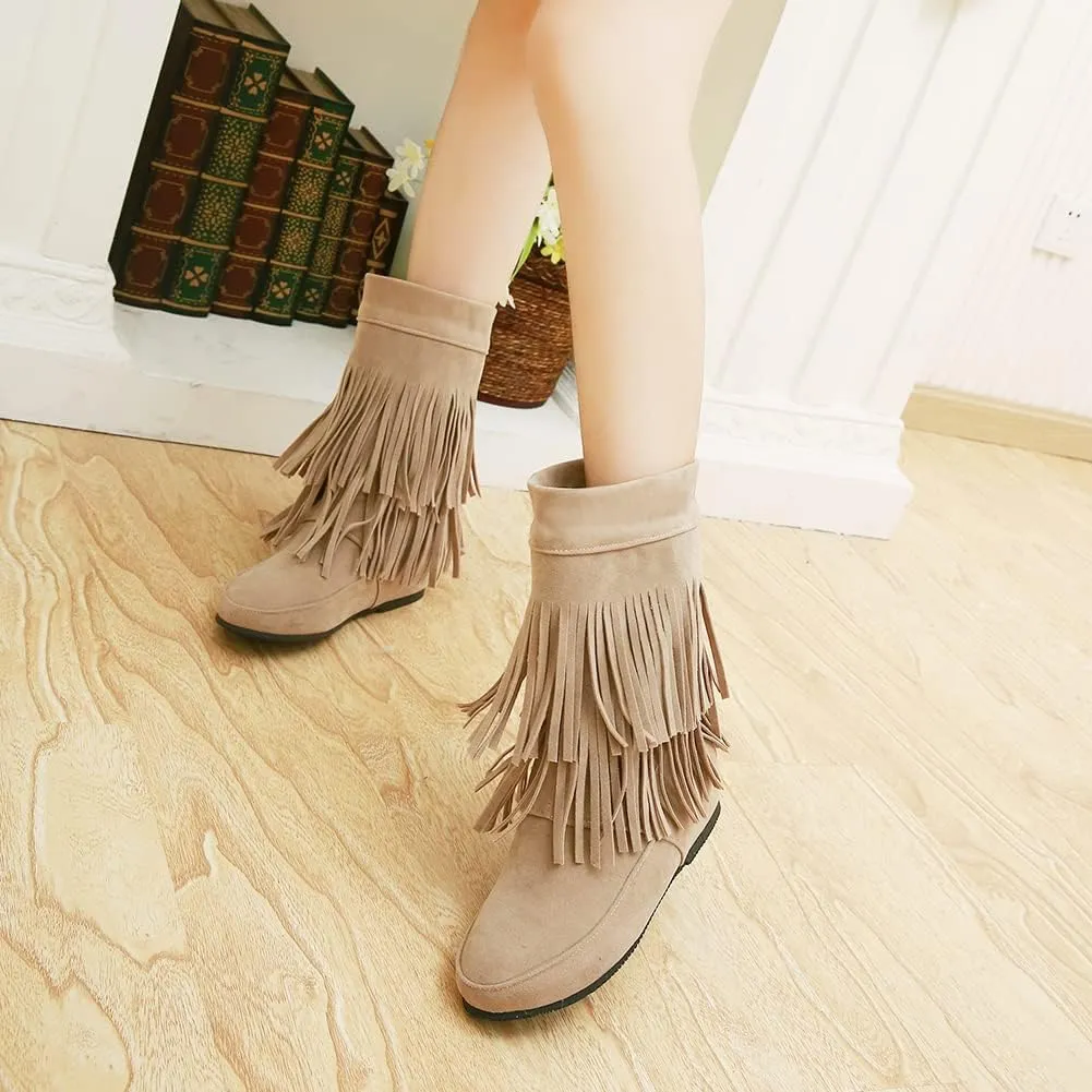 MRKEWUNEY Casual Womens Tassel Booties Low Heel Moccasin Boots