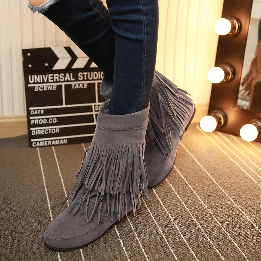 MRKEWUNEY Casual Womens Tassel Booties Low Heel Moccasin Boots