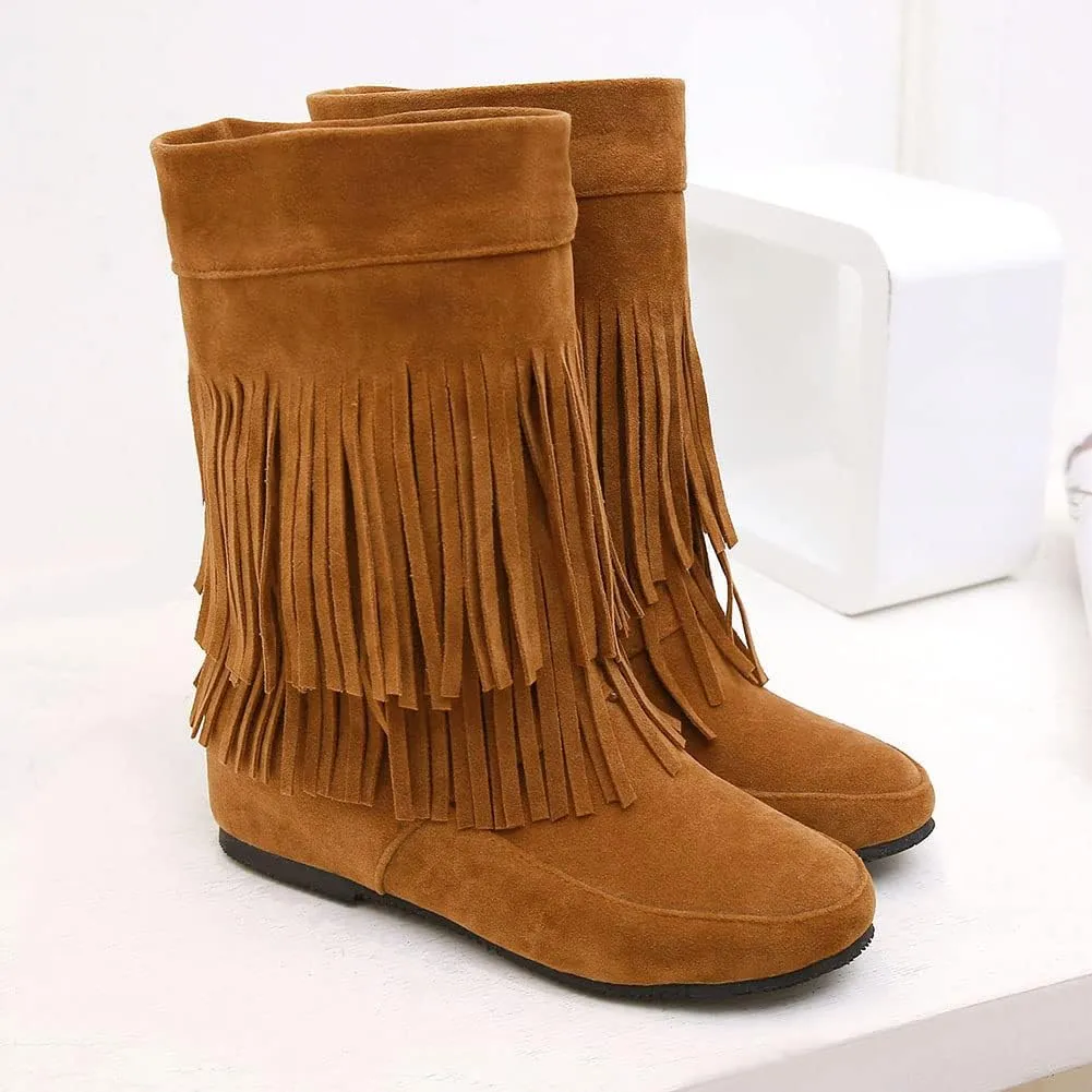 MRKEWUNEY Casual Womens Tassel Booties Low Heel Moccasin Boots