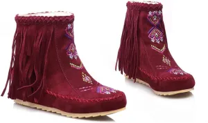 MRKEWUNEY Casual Womens Tassel Booties Low Heel Moccasin Boots