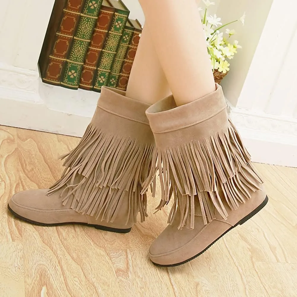 MRKEWUNEY Casual Womens Tassel Booties Low Heel Moccasin Boots