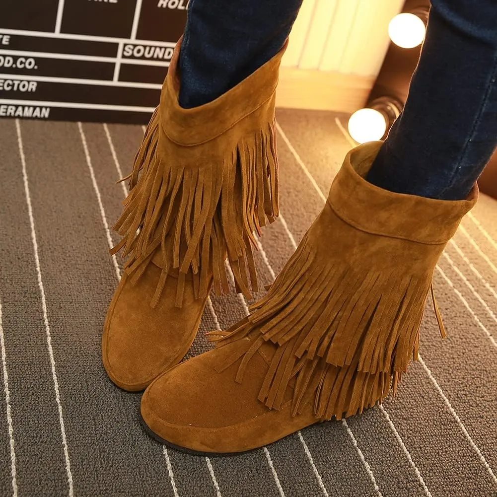 MRKEWUNEY Casual Womens Tassel Booties Low Heel Moccasin Boots