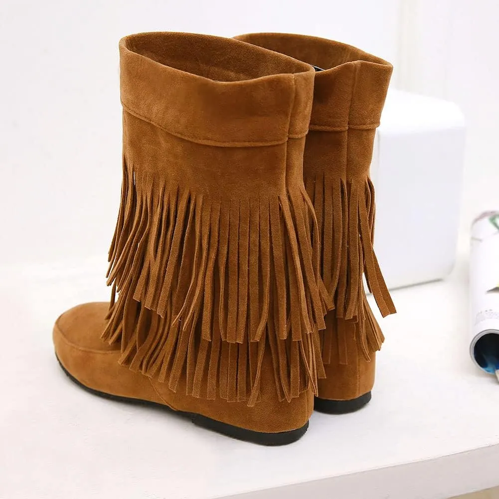 MRKEWUNEY Casual Womens Tassel Booties Low Heel Moccasin Boots