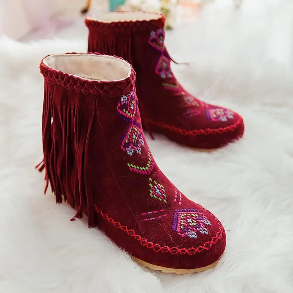 MRKEWUNEY Casual Womens Tassel Booties Low Heel Moccasin Boots