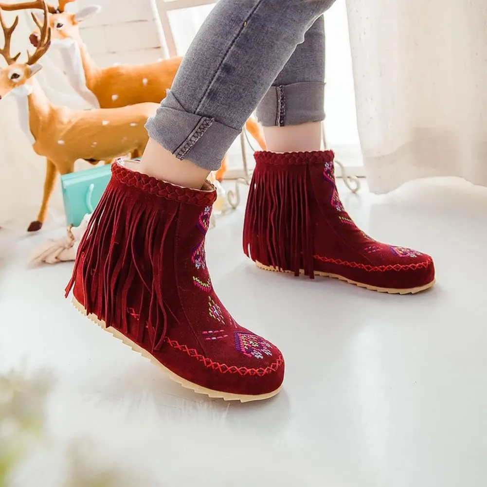 MRKEWUNEY Casual Womens Tassel Booties Low Heel Moccasin Boots