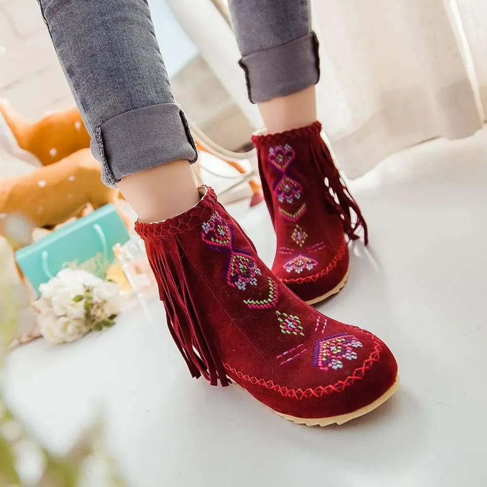 MRKEWUNEY Casual Womens Tassel Booties Low Heel Moccasin Boots