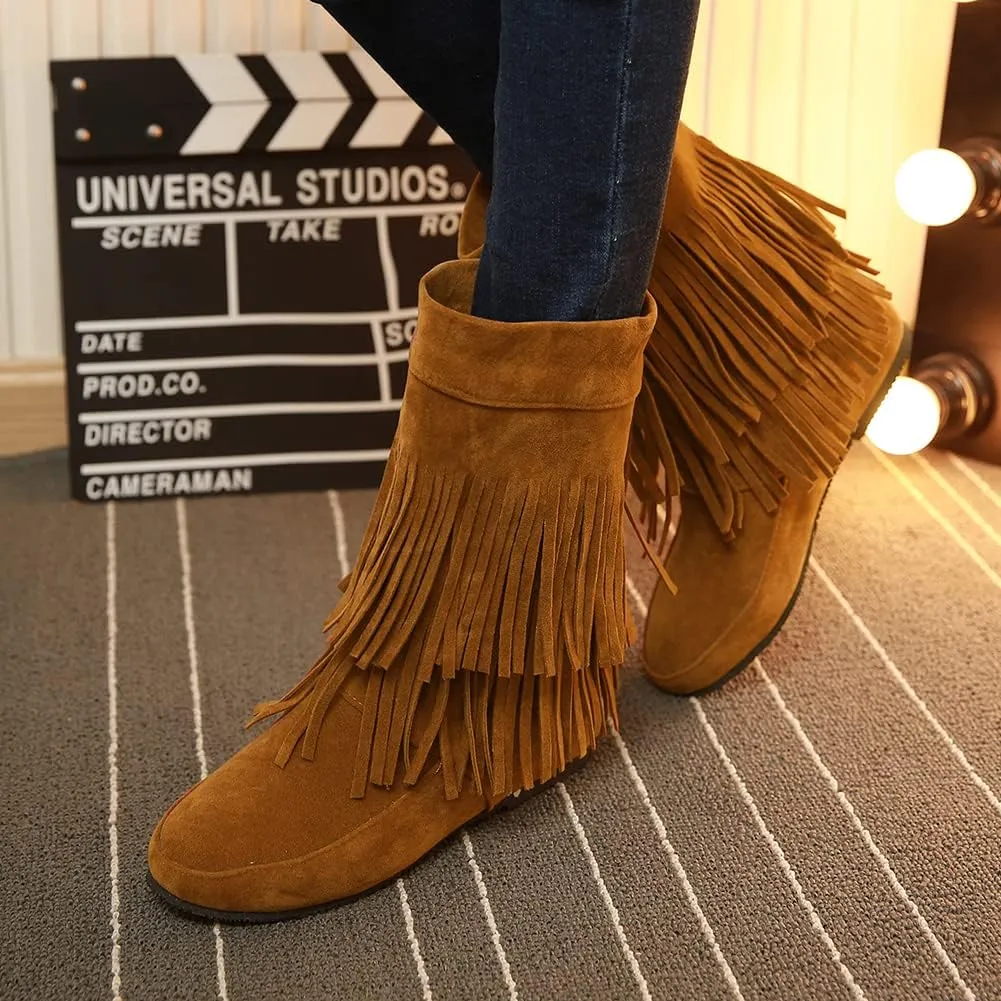 MRKEWUNEY Casual Womens Tassel Booties Low Heel Moccasin Boots