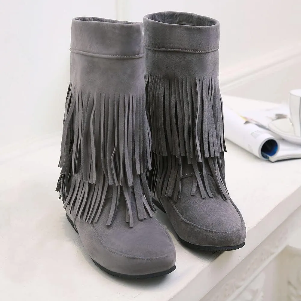 MRKEWUNEY Casual Womens Tassel Booties Low Heel Moccasin Boots