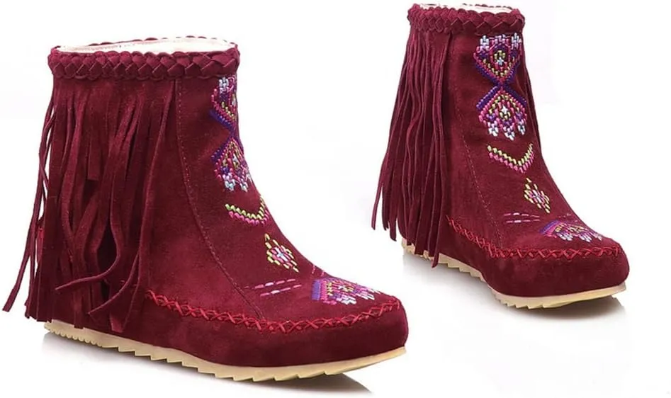 MRKEWUNEY Casual Womens Tassel Booties Low Heel Moccasin Boots