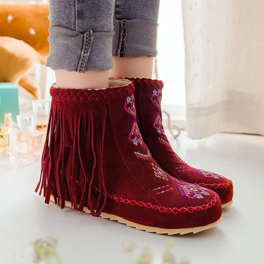 MRKEWUNEY Casual Womens Tassel Booties Low Heel Moccasin Boots