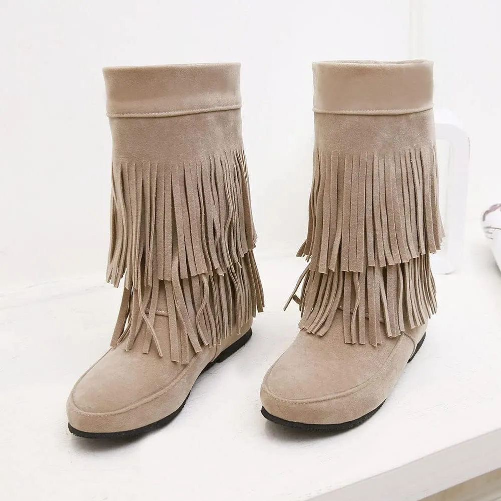 MRKEWUNEY Casual Womens Tassel Booties Low Heel Moccasin Boots