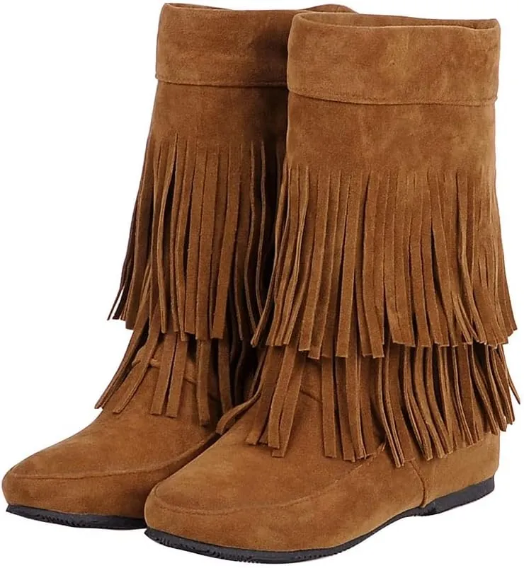 MRKEWUNEY Casual Womens Tassel Booties Low Heel Moccasin Boots