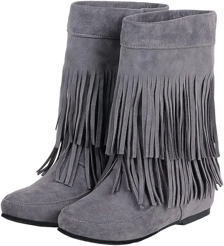 MRKEWUNEY Casual Womens Tassel Booties Low Heel Moccasin Boots