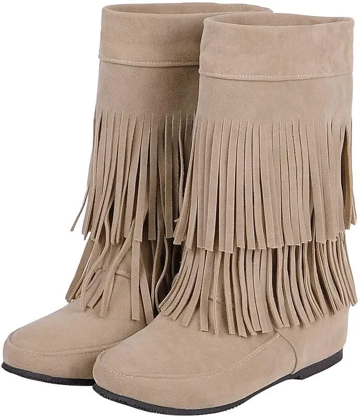 MRKEWUNEY Casual Womens Tassel Booties Low Heel Moccasin Boots
