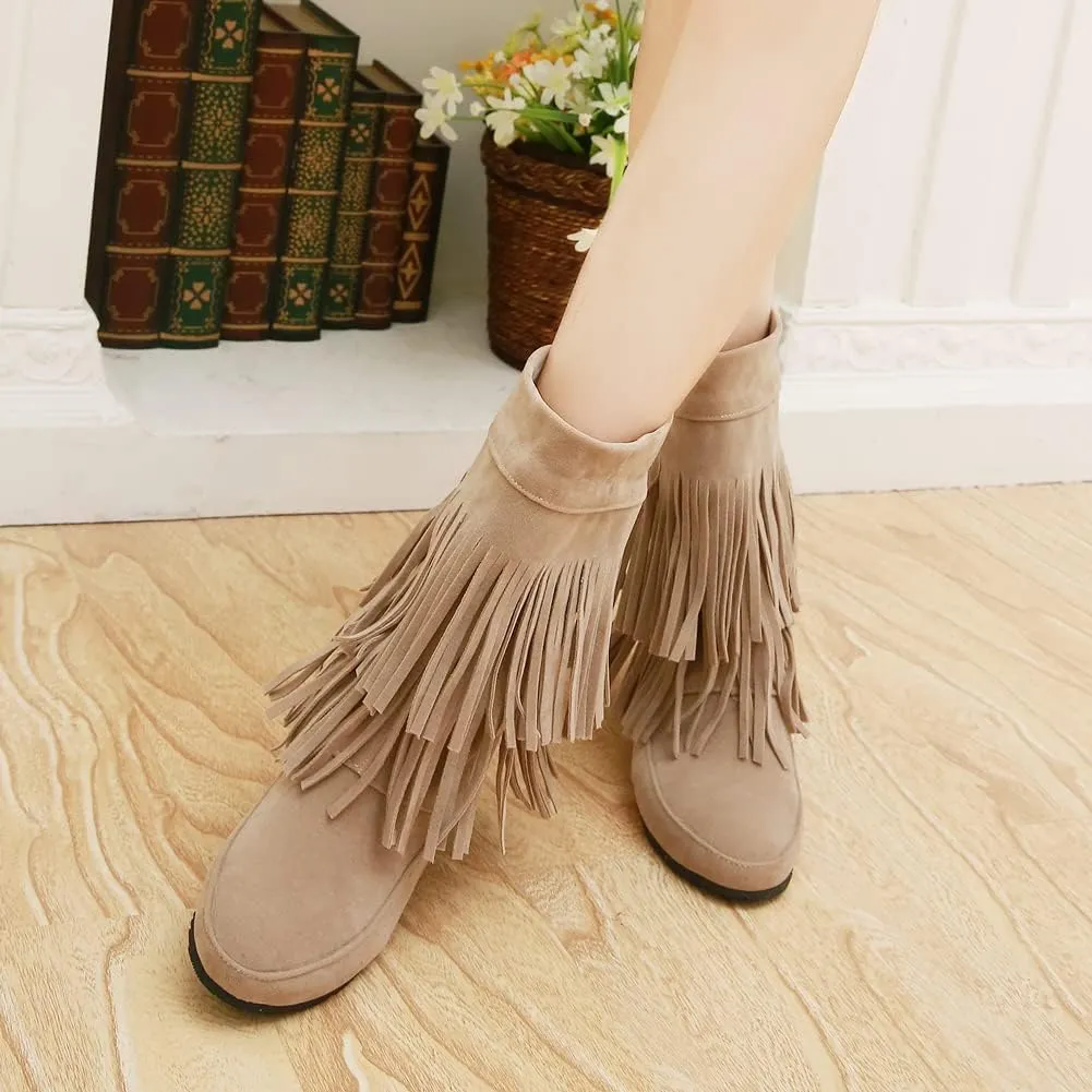 MRKEWUNEY Casual Womens Tassel Booties Low Heel Moccasin Boots