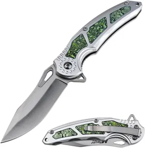 MTECH USA Folding Pocket Knife, 3.37-inch Drop Point Blade, Aluminum Handle with Green Inlay, 8.07-inch Overall Length