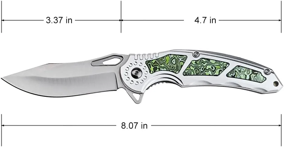 MTECH USA Folding Pocket Knife, 3.37-inch Drop Point Blade, Aluminum Handle with Green Inlay, 8.07-inch Overall Length