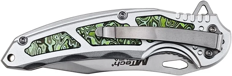 MTECH USA Folding Pocket Knife, 3.37-inch Drop Point Blade, Aluminum Handle with Green Inlay, 8.07-inch Overall Length