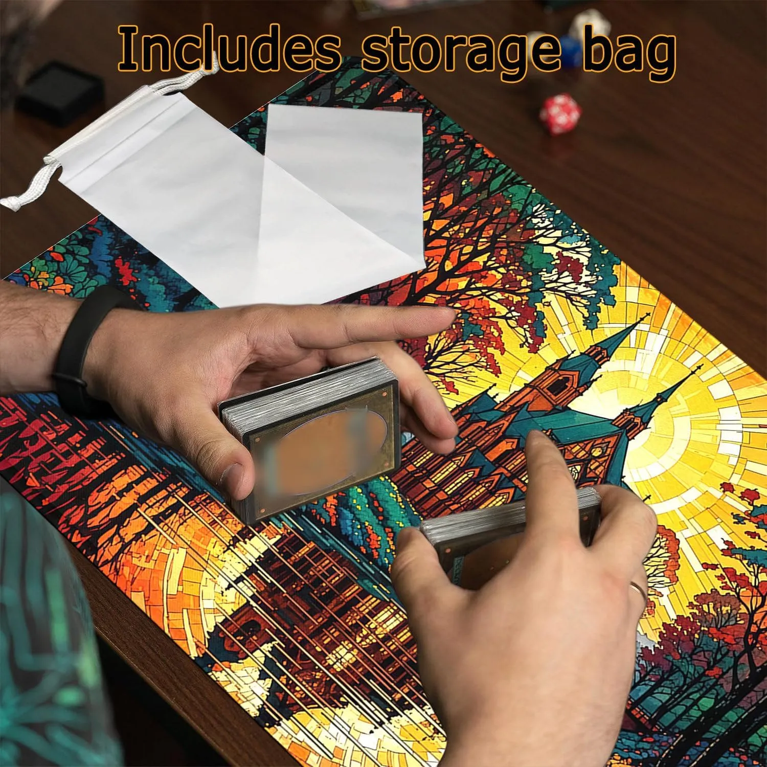 MTG Playmat- Stitched Edges Forest TCG Playmat-Non-Slip Landscape Play Mat Smooth Surface Rubber Base Board Game Mousepad 24x14 inches for Trading Card Game Playing with Storage Bags
