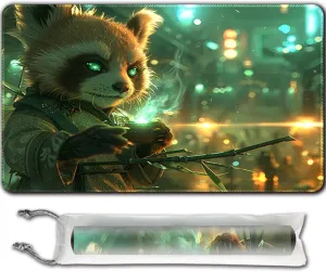 MTG Playmat (Stitched) Size 24x14in Free Storage Bags - Ideal for Card Game Enthusiasts TCG Playmat Mouse Pad with Card Zones (Little Raccoon,No Zone)