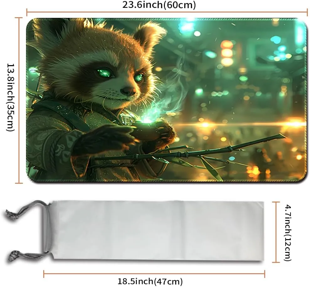 MTG Playmat (Stitched) Size 24x14in Free Storage Bags - Ideal for Card Game Enthusiasts TCG Playmat Mouse Pad with Card Zones (Little Raccoon,No Zone)