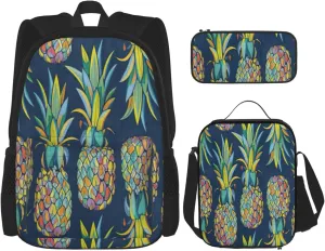 Multi Functional Tropical Fruit Pineapple Print Backpack Set With Lunch Bag And Pencil Case,Leisure,Fashion