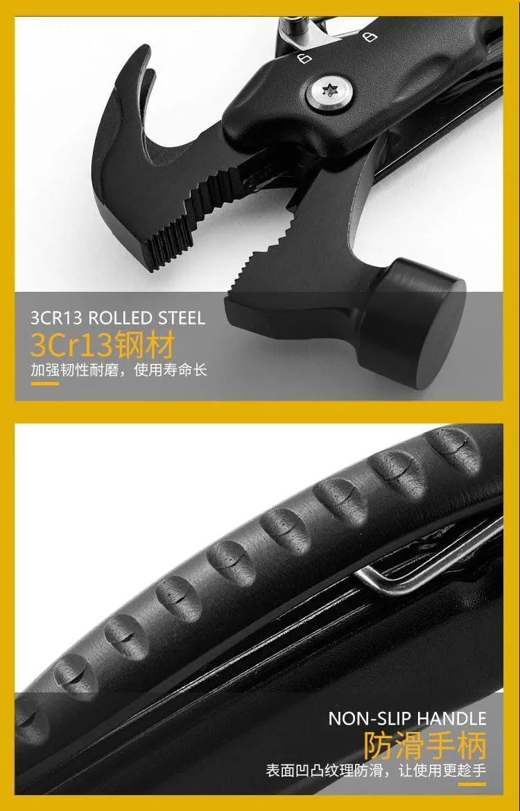 Multi-Tool, 12-in-1 Hammer Pliers Knife Screwdriver Saw, Stainless Steel, Portable (Lifesaving cone)