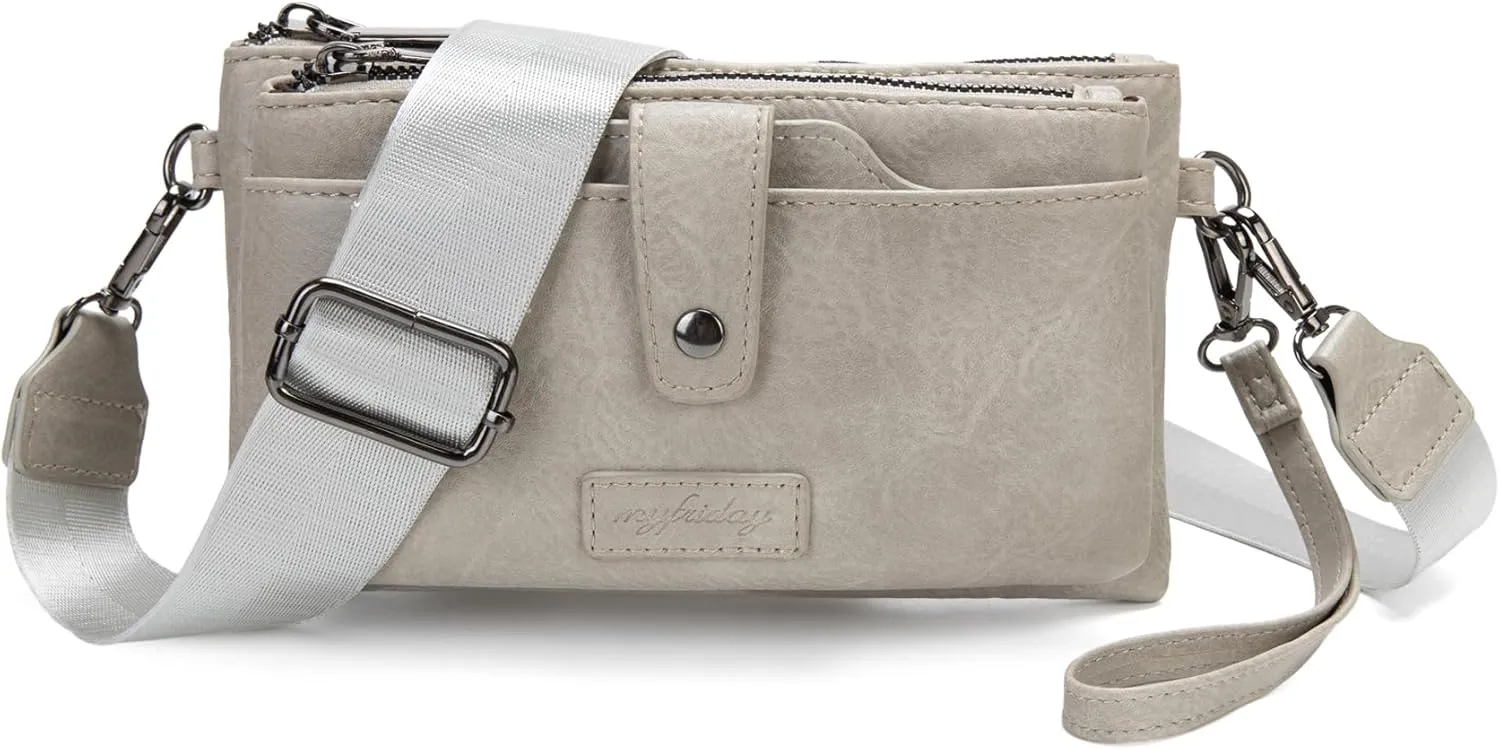 myfriday Vintage Leather Camera Crossbody Bag for Women, Stylish Two Layer Shoulder Bag Purse with Removable Card Slots