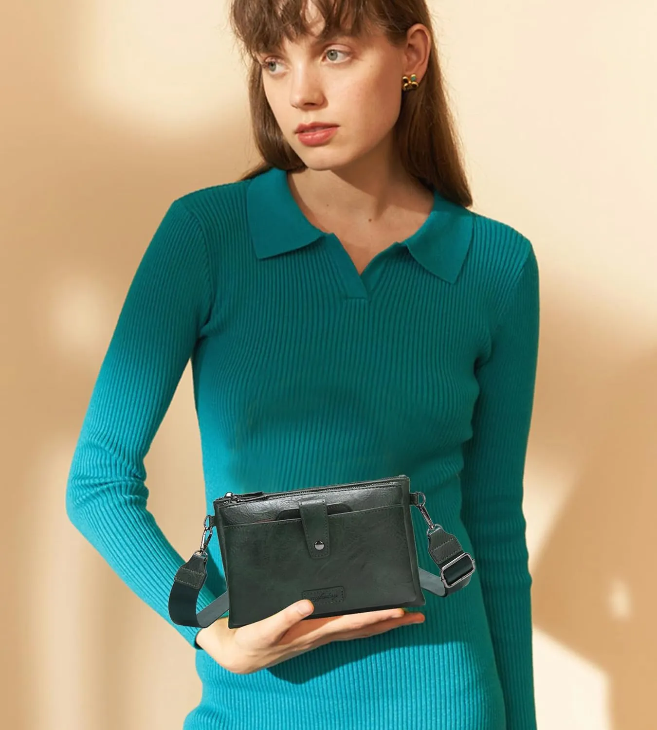 myfriday Vintage Leather Camera Crossbody Bag for Women, Stylish Two Layer Shoulder Bag Purse with Removable Card Slots