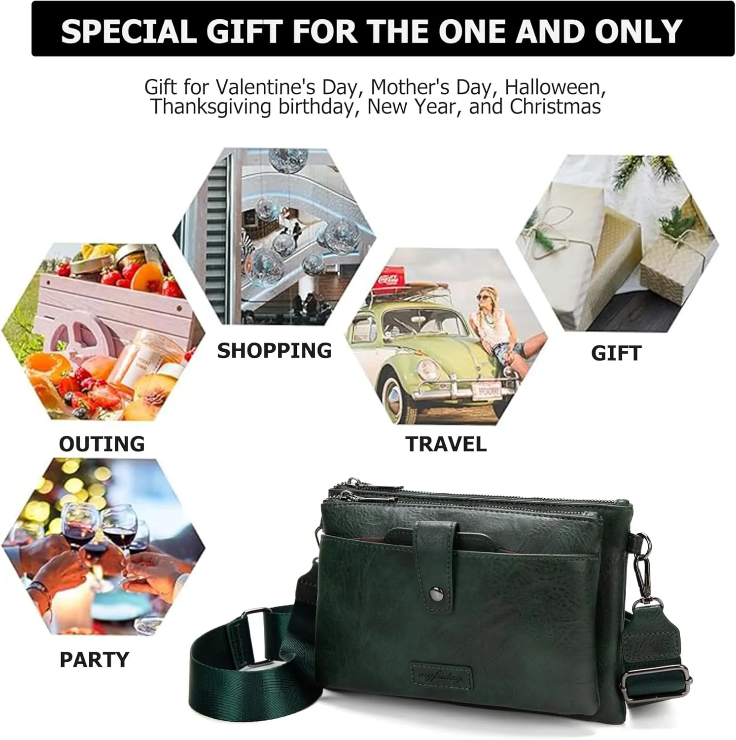 myfriday Vintage Leather Camera Crossbody Bag for Women, Stylish Two Layer Shoulder Bag Purse with Removable Card Slots