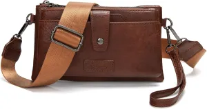 myfriday Vintage Leather Camera Crossbody Bag for Women, Stylish Two Layer Shoulder Bag Purse with Removable Card Slots