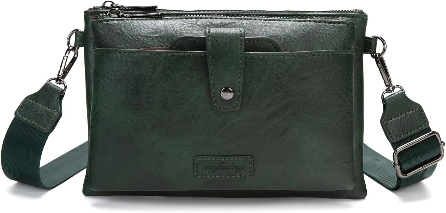 myfriday Vintage Leather Camera Crossbody Bag for Women, Stylish Two Layer Shoulder Bag Purse with Removable Card Slots