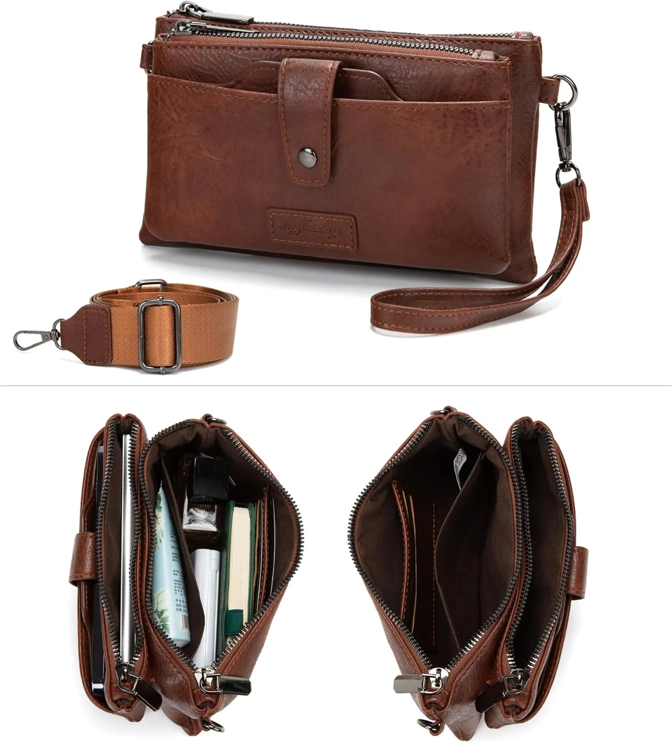 myfriday Vintage Leather Camera Crossbody Bag for Women, Stylish Two Layer Shoulder Bag Purse with Removable Card Slots