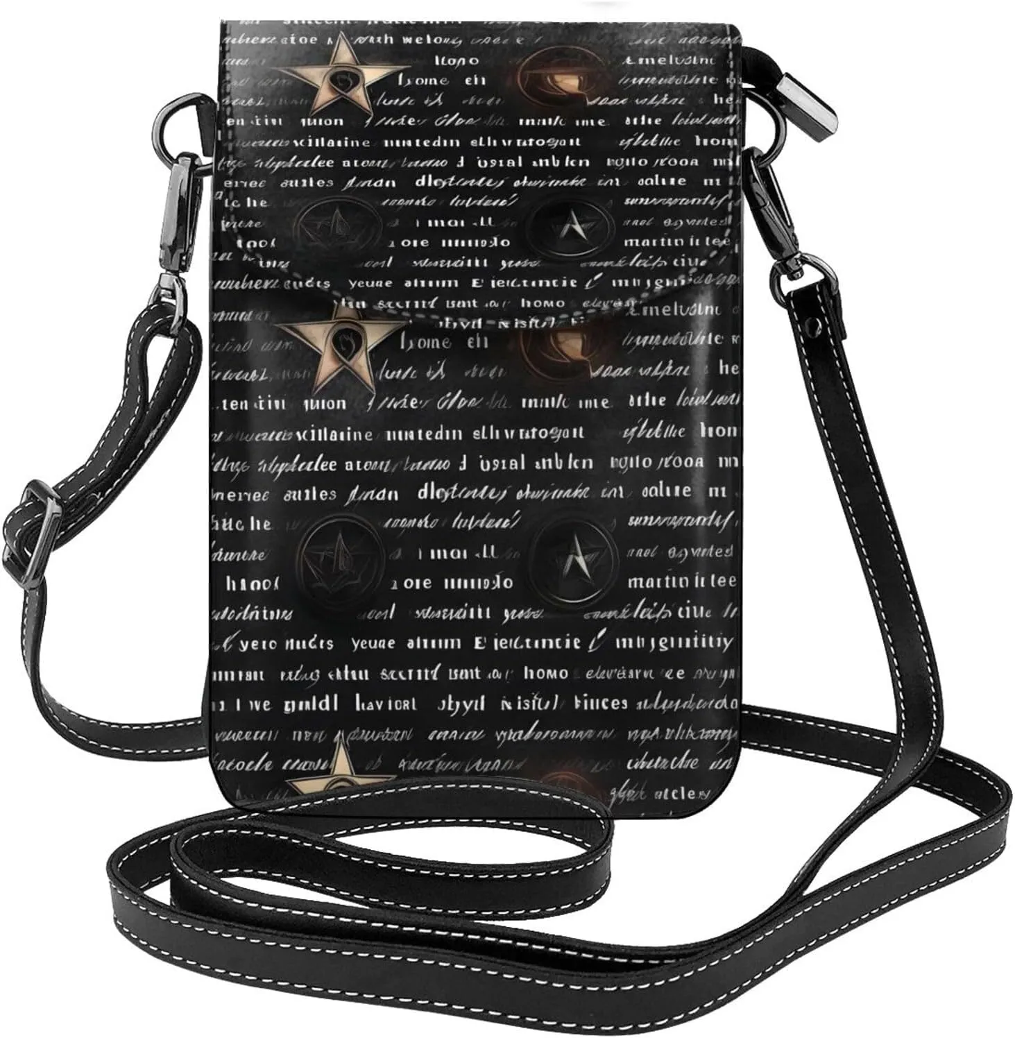 Mysterious Text Zippered Crossbody Bag,* Women'S Shoulder Bag With Card Slot, Removable Shoulder Strap, 7.6 X 4.9 In., Black
