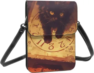Mystery cat ouija board witch black crossbody cell phone purse for womens lightweight small soft leather fashion travel wallet with adjustable strap