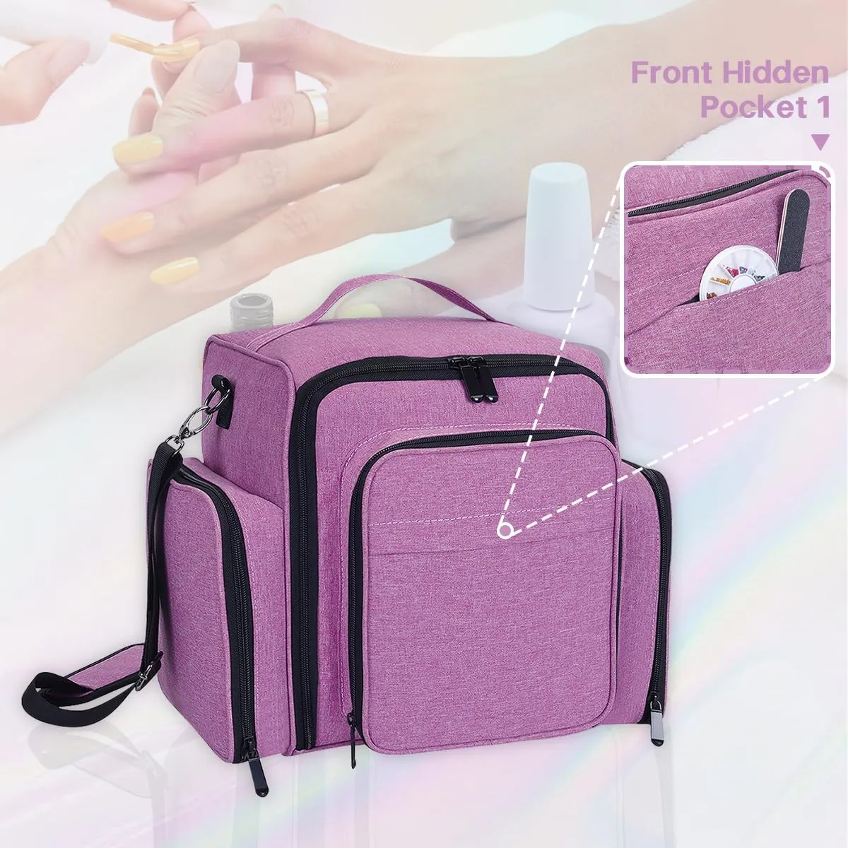 Nail Polish Organizer Holds 60 Bottles and a Nail Lamp,Portable Travel Case with 2 Removable Bags and Tools Storage Pockets Purple