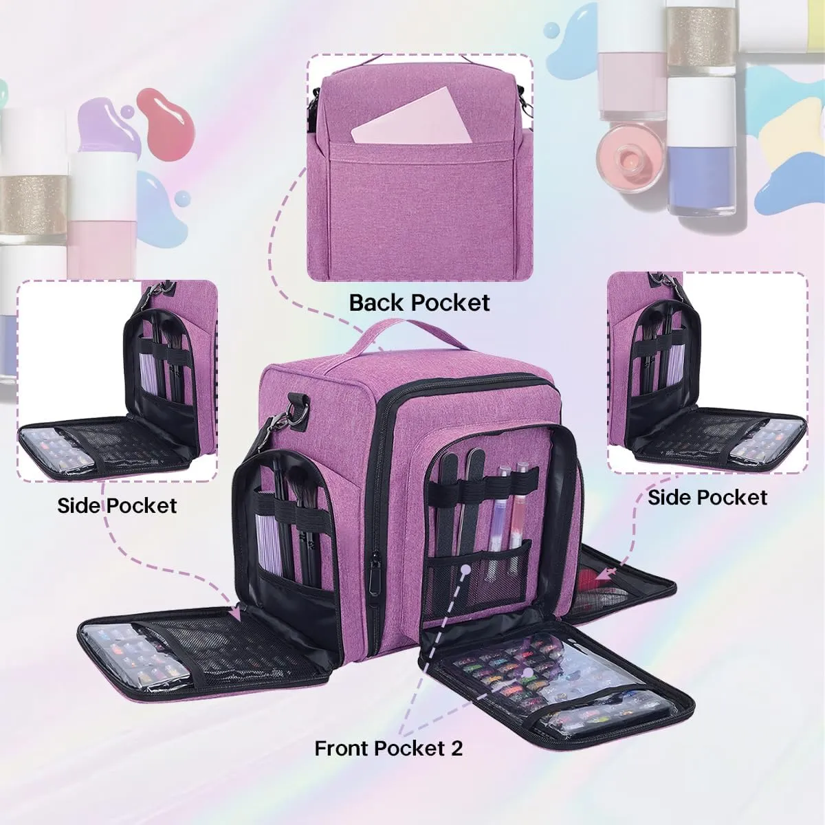 Nail Polish Organizer Holds 60 Bottles and a Nail Lamp,Portable Travel Case with 2 Removable Bags and Tools Storage Pockets Purple