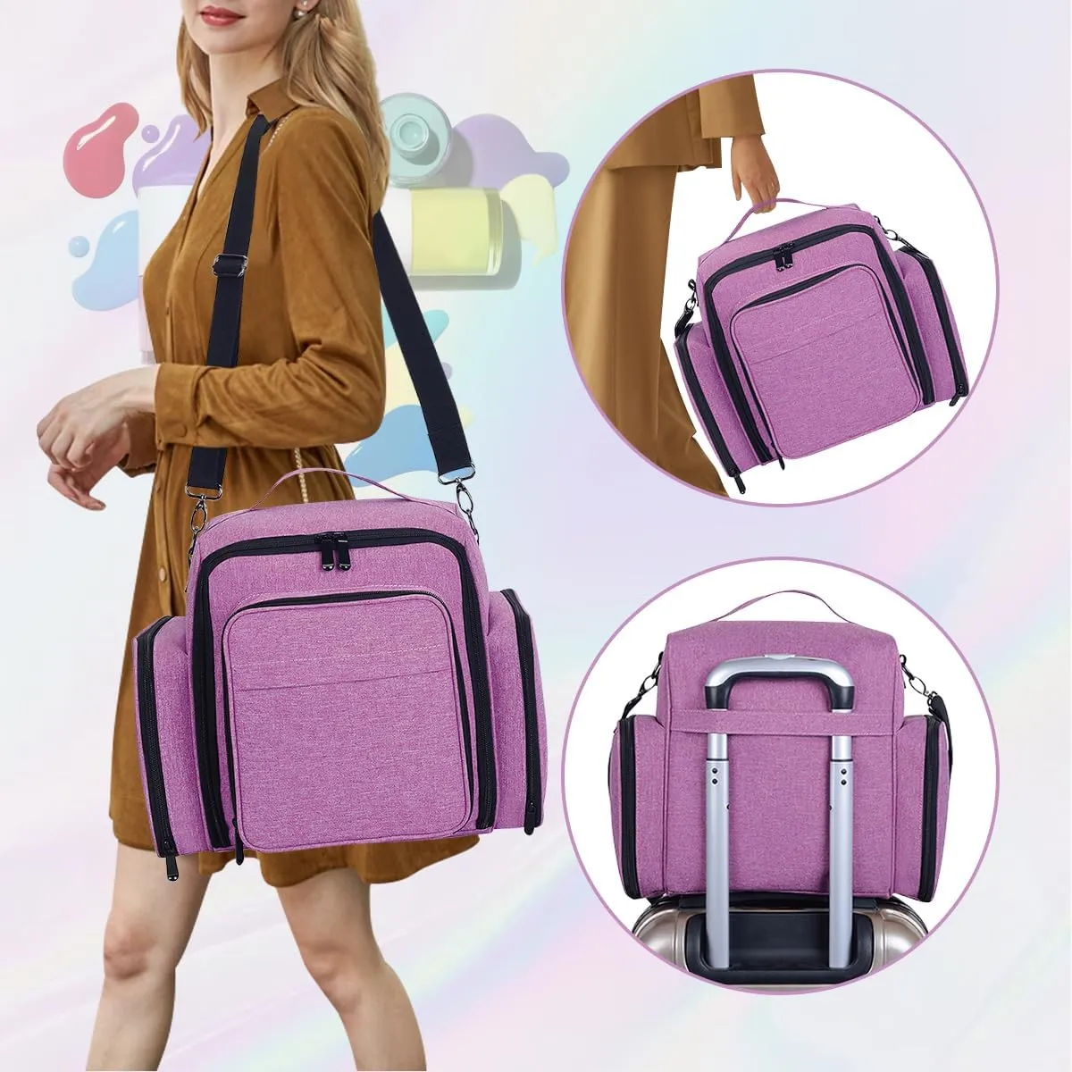 Nail Polish Organizer Holds 60 Bottles and a Nail Lamp,Portable Travel Case with 2 Removable Bags and Tools Storage Pockets Purple
