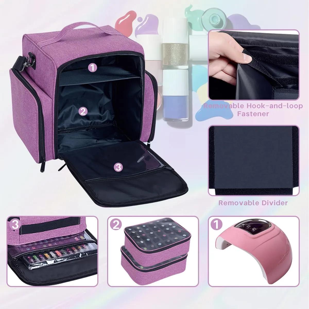 Nail Polish Organizer Holds 60 Bottles and a Nail Lamp,Portable Travel Case with 2 Removable Bags and Tools Storage Pockets Purple