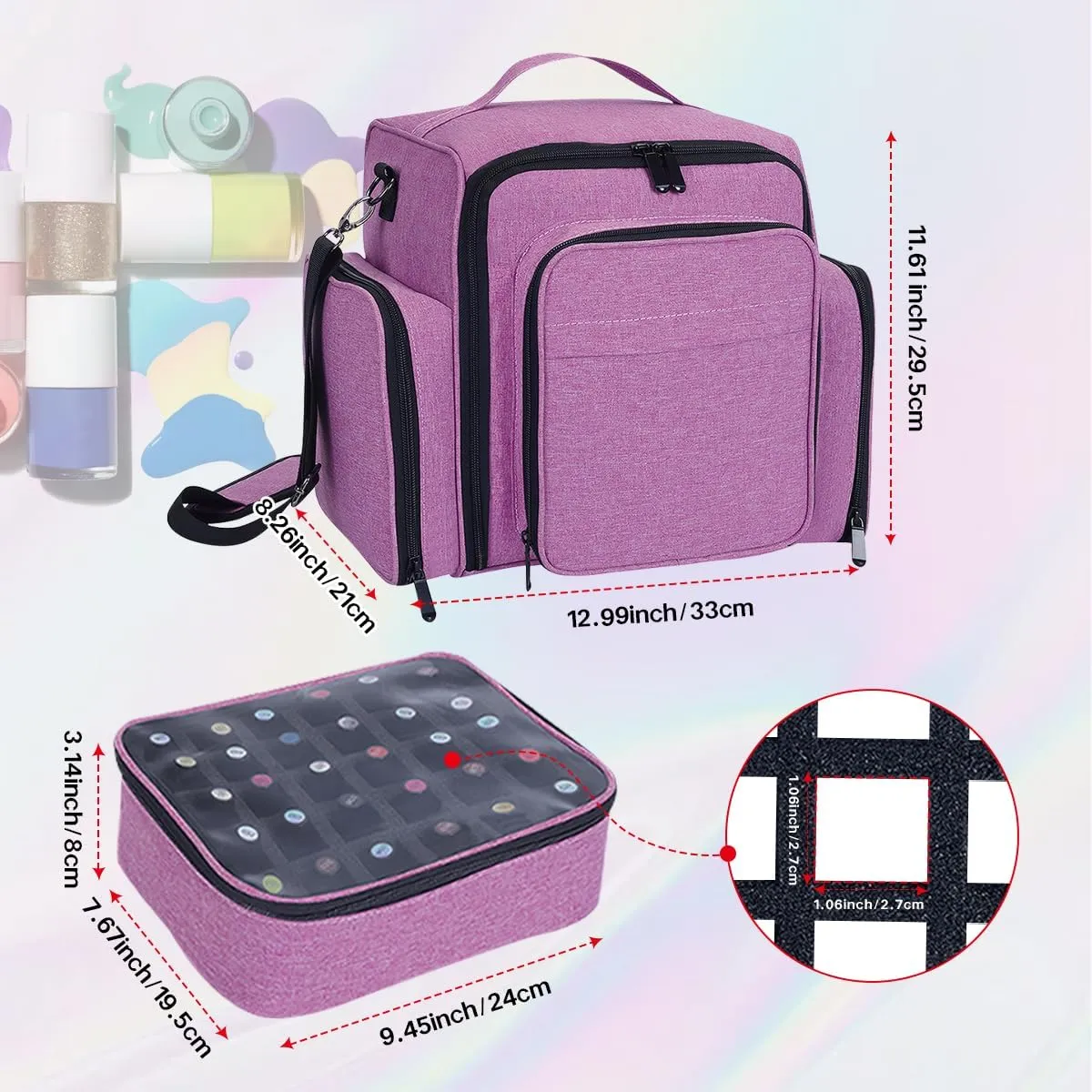 Nail Polish Organizer Holds 60 Bottles and a Nail Lamp,Portable Travel Case with 2 Removable Bags and Tools Storage Pockets Purple