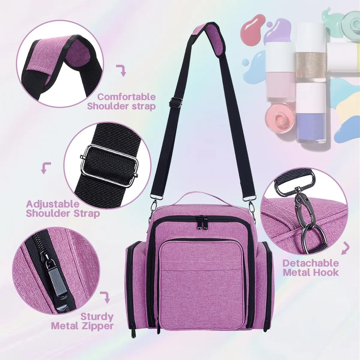 Nail Polish Organizer Holds 60 Bottles and a Nail Lamp,Portable Travel Case with 2 Removable Bags and Tools Storage Pockets Purple