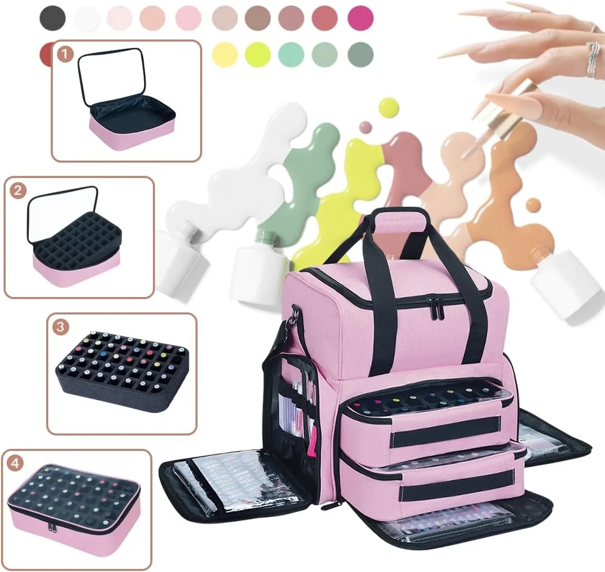 Nail Polish Organizer Holds 80 Bottles (15ml - 0.5 fl.oz) and a Nail Lamp,Nail Polish Case with 2 Removable Bags and Tools Storage Sections Pink