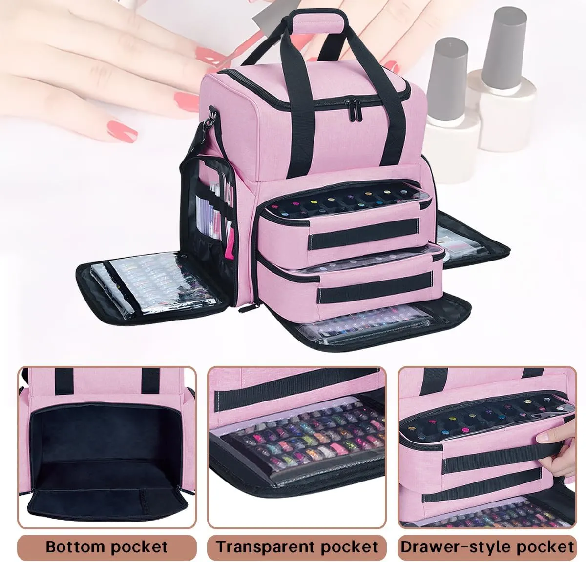 Nail Polish Organizer Holds 80 Bottles (15ml - 0.5 fl.oz) and a Nail Lamp,Nail Polish Case with 2 Removable Bags and Tools Storage Sections Pink
