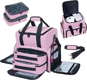 Nail Polish Organizer Holds 80 Bottles (15ml - 0.5 fl.oz) and a Nail Lamp,Nail Polish Case with 2 Removable Bags and Tools Storage Sections Pink