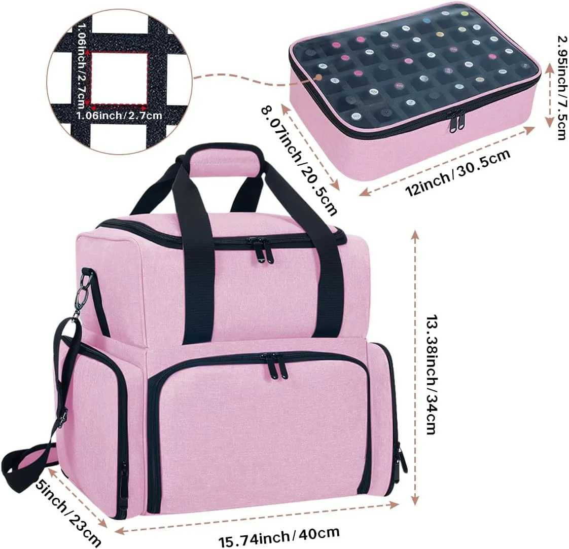 Nail Polish Organizer Holds 80 Bottles (15ml - 0.5 fl.oz) and a Nail Lamp,Nail Polish Case with 2 Removable Bags and Tools Storage Sections Pink
